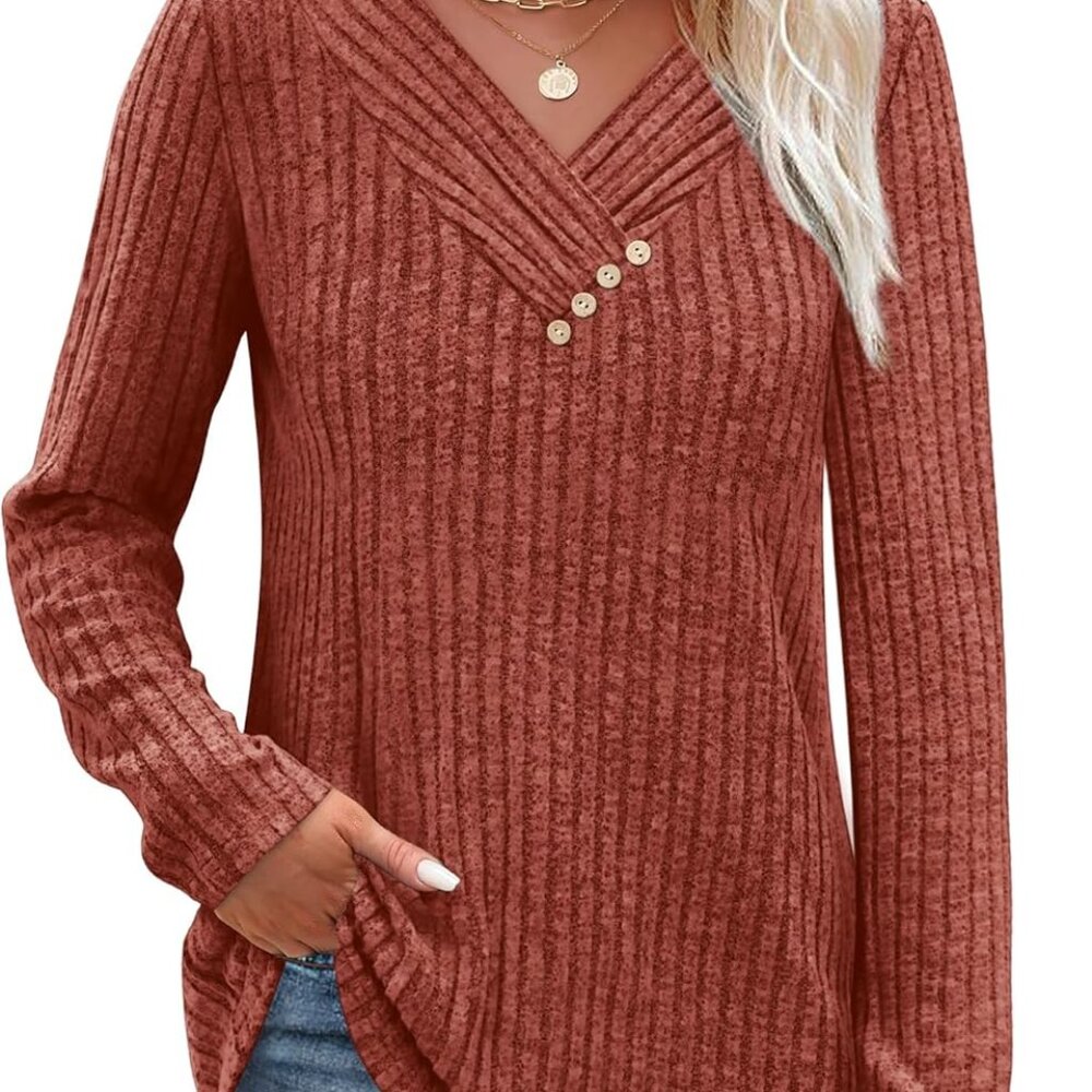 Women's Ribbed V-Neck Button Accent Pullover - Rust